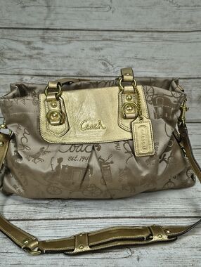 COACH ASHLEY HORSE & CARRIAGE Anniversary Carryall Bag F15656 Gold & Brown